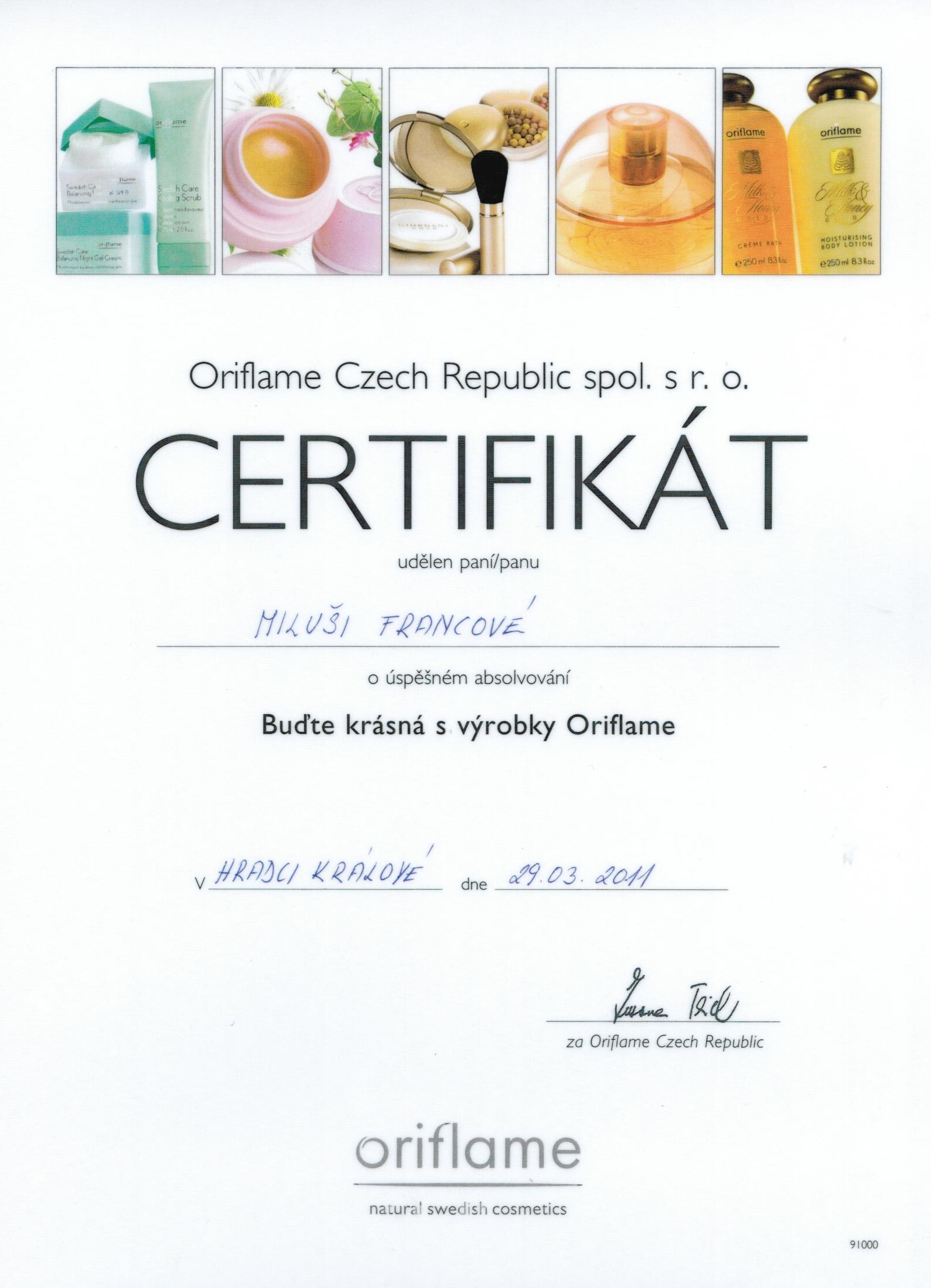 Certifikat Oriflame